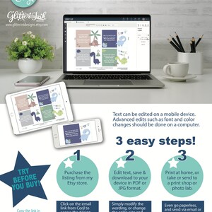 May include: A laptop screen shows a printable dinosaur-themed design with text that says "Stop!" and "Stomp!" The design is available for editing and printing using the Corjl online tool. The image also includes a blue star with the number 1 inside, a blue star with the number 2 inside, and a blue star with the number 3 inside. The text below the stars describes the three easy steps to edit, download, and print the design.