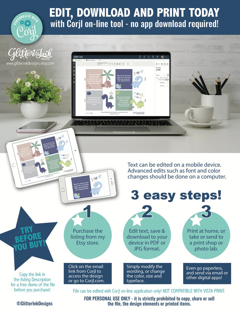 May include: A laptop screen shows a printable dinosaur-themed design with text that says "Stop!" and "Stomp!" The design is available for editing and printing using the Corjl online tool. The image also includes a blue star with the number 1 inside, a blue star with the number 2 inside, and a blue star with the number 3 inside. The text below the stars describes the three easy steps to edit, download, and print the design.