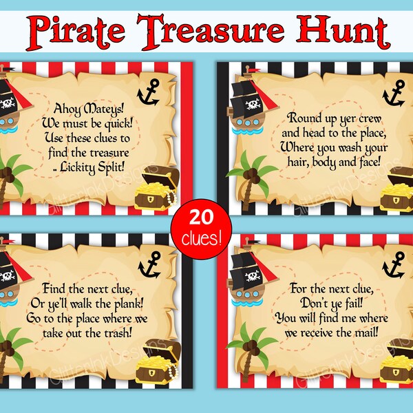 Pirate treasure hunt clues for kids / Pirate party scavenger hunt / Pirate birthday treasure hunt / Indoor outdoor Pirate scavenger hunt