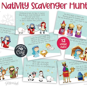 Tarjetas con pistas para la búsqueda del tesoro de la escena de la natividad, pistas para la búsqueda del tesoro de villancicos imprimibles para niños, juego familiar