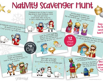 May include: Twelve printable Christmas scavenger hunt clue cards featuring illustrations of the Nativity story. Each card has a different clue written in a festive font with a blue background and snowflakes. The cards are designed to be personalized with the name "Coryl".