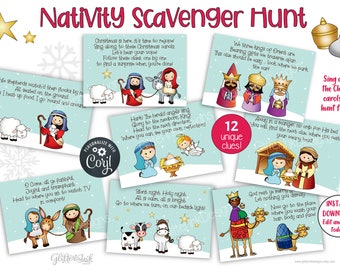 Nativity scene Christmas scavenger hunt / Christmas treasure hunt clues for kids / Christmas carols family game / Nativity scavenger hunt