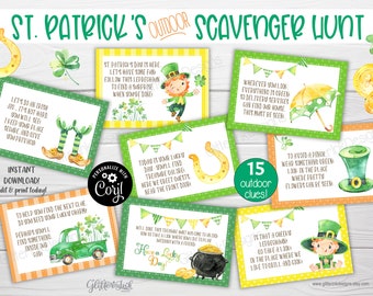 St Patricks Day scavenger hunt / St Patricks Day OUTDOOR treasure hunt clues for kids / St. Patrick's leprechaun printable party game