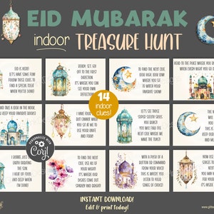 Cartes-indices pour la chasse au trésor de l'Aïd Mubarak / Indices de chasse au trésor pour les enfants du Ramadan / Activités imprimables de l'Aïd à l'intérieur / Indices modifiables du jeu du Ramadan