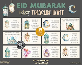 Eid Mubarak scavenger hunt clue cards / Ramadan kids treasure hunt clues / Printable Eid activities indoors / Ramadan game editable clues