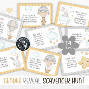 Gender reveal scavenger hunt clue cards for baby shower party games, Neutral nursery printable treasure hunt clues image 2