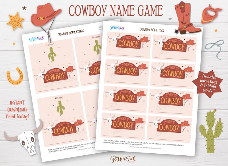 May include: Printable cowboy name tags and folding cards for a party. The tags feature a red sign with the text "Welcome My Cowboy" and a cactus. The cards are pink with a cowboy hat, skull, and cactus.