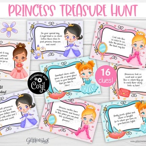 Tarjetas con pistas para la búsqueda del tesoro de cumpleaños de la princesa bebé encantada, pistas para la búsqueda del tesoro imprimibles del reino mágico de cuentos de hadas para juegos de fiesta para niños