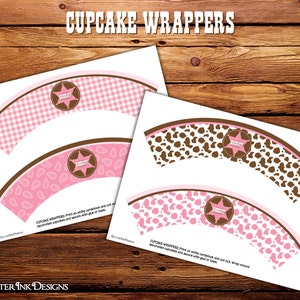 Pink cowgirl party cupcake toppers and wrappers / Wild West printable favor bag tags image 2