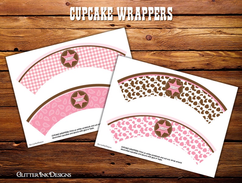 Pink cowgirl party cupcake toppers and wrappers / Wild West printable favor bag tags image 2