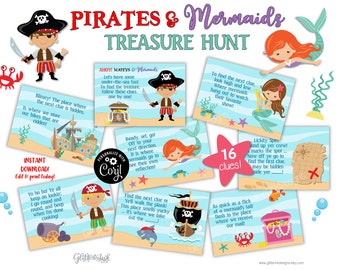 Mermaid and pirate treasure hunt / Mermaid party scavenger hunt clue cards / Pirate party treasure chest hunt clues / Party games for kids