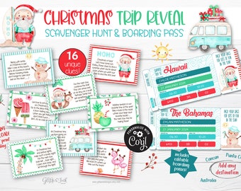 May include: A Christmas trip reveal scavenger hunt game with 16 unique clues and editable boarding passes. The game features a Santa Claus character, a snowman, and a tropical theme. The boarding passes are for Hawaii and The Bahamas.