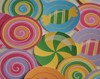 Decorazioni per feste di Candyland, topper e involucri per cupcake stampabili per feste di lecca-lecca Sweet Shoppe, bomboniere per negozi di dolciumi di compleanno di Candyland