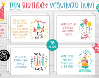 Acertijos de búsqueda del tesoro para cumpleaños de adolescentes / Pistas de búsqueda del tesoro para niños mayores y adolescentes / Juegos de fiesta para interiores y exteriores para imprimir con pistas difíciles