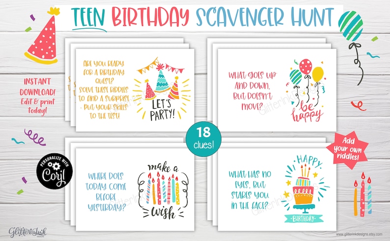 May include: A set of 18 printable scavenger hunt clues for a teen birthday party. The clues are written on white cards with colourful illustrations and text. The text includes phrases like "Let's Party!" and "Make a Wish".