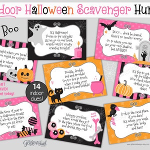 Indoor Halloween scavenger hunt / Kids Halloween treasure hunt clues / Orange and pink Halloween party games activity - edit with Corjl