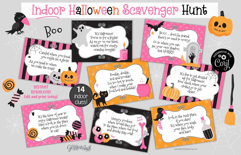 May include: A set of 14 printable Halloween scavenger hunt cards with pink and orange borders. The cards feature various Halloween-themed illustrations, including ghosts, pumpkins, bats, and witches. The text on the cards reads "Indoor Halloween Scavenger Hunt" and includes clues for a scavenger hunt game.
