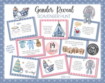 Gender reveal party scavenger hunt clue cards / Gender reveal treasure hunt clues / Watercolor teddy bear baby shower party games