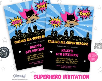 Pink super hero printable birthday party invitation / Superheroes birthday invitation / Super girl printable invite / Super heroes party