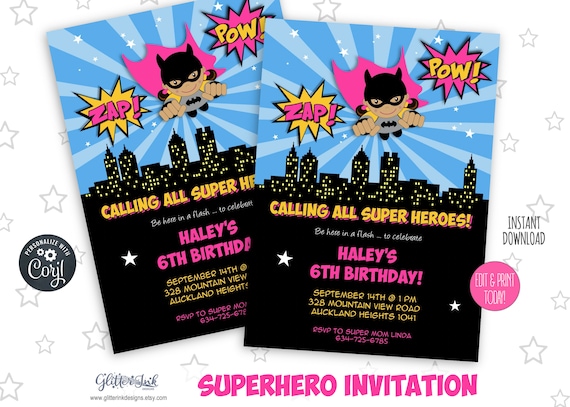Pink super hero printable birthday party invitation / Superheroes birthday invitation / Super girl printable invite / Super heroes party Il_570xn