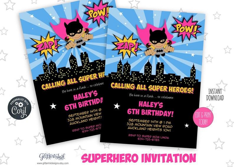 May include: A superhero-themed birthday invitation with a black background and a cityscape silhouette. The invitation features a cartoon girl dressed as a superhero with a pink cape and a yellow shirt. The text on the invitation reads "Calling all Super Heroes!" and "Haley's 6th Birthday!"