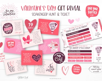 Valentine's Day surprise concert ticket or game reveal scavenger hunt / Printable Valentines Day treasure hunt clues Teen adult couple gift