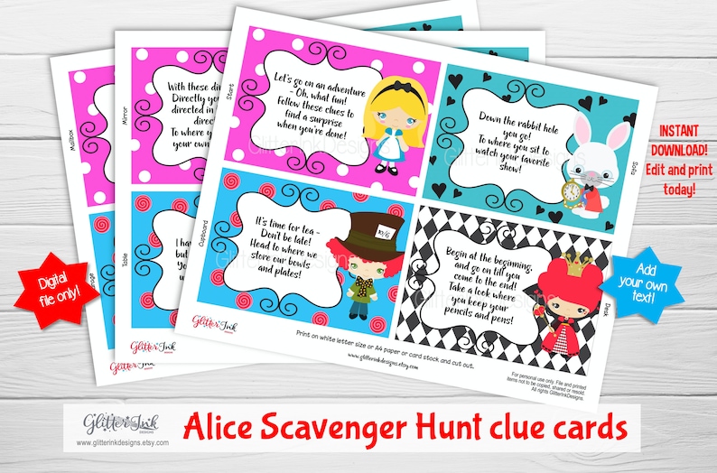 May include: Alice in Wonderland themed scavenger hunt clue cards. The cards are pink, blue, and black with white polka dots. Each card features a different character from the story, including Alice, the Mad Hatter, the Queen of Hearts, and the White Rabbit. The cards have text that says "Let's go on an adventure", "It's time for tea", "Down the rabbit hole", and "Begin at the beginning".