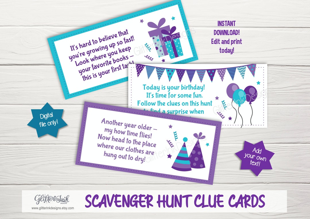 Birthday Scavenger Hunt Clue Cards / Birthday Party Treasure - Etsy
