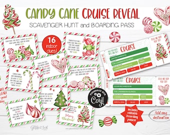 Christmas surprise cruise reveal with scavenger hunt clue cards and editable boarding passes, Printable candy cane kids treasure hunt