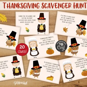 May include: A set of 20 printable Thanksgiving scavenger hunt cards featuring pilgrim and turkey illustrations. The cards have clues written in rhyme and are personalized with the name "Coryl".