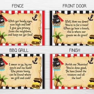 May include: Printable pirate party signs with a red and black striped background. The signs feature a pirate ship, a treasure chest, and a palm tree. The text on the signs reads "Fence", "Front Door", "BBQ Grill", and "Finish".