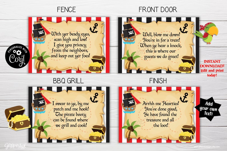 May include: Printable pirate party signs with a red and black striped background. The signs feature a pirate ship, a treasure chest, and a palm tree. The text on the signs reads "Fence", "Front Door", "BBQ Grill", and "Finish".