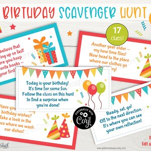 Birthday party scavenger hunt clue cards & sign / Birthday treasure hunt clues for kids / Printable birthday party game - instant download image 3