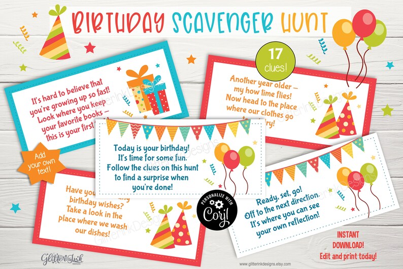 Birthday party scavenger hunt clue cards & sign / Birthday treasure hunt clues for kids / Printable birthday party game - instant download image 3
