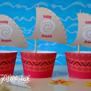 May include: Three red and white cupcake wrappers with a brown sail on top. The sails have a white swirl design and the text "Happy Birthday".