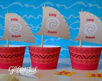 Moana birthday cupcake wrappers and sail toppers, Hawaiian luau printable party favors and decorations