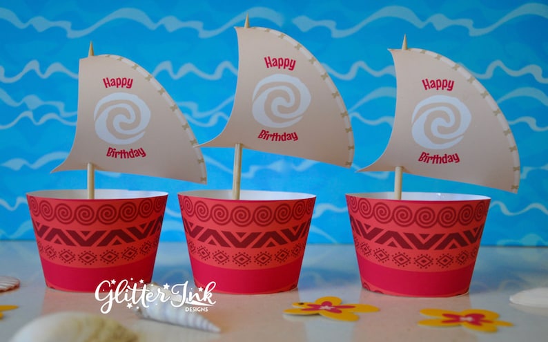 Moana cupcake wrappers and sail toppers Moana party favors Moana birthday party printables Moana decorations Hawaiian party