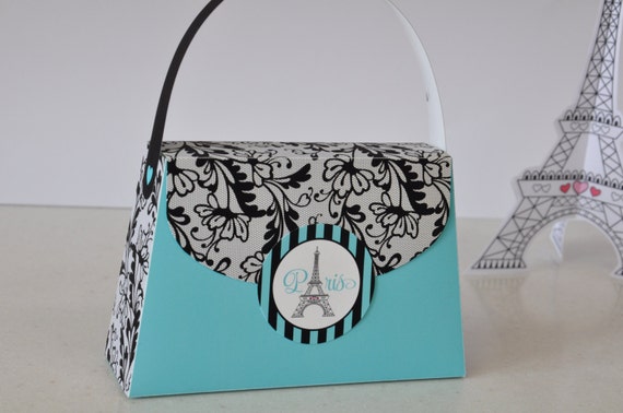 Paris Party purse favor box / Purse party favors in turquoise blue with black lace / Paris handbag with Eiffel Tower Ooh la la Il_570xn