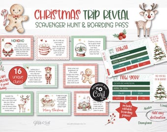 Christmas surprise trip reveal scavenger hunt boarding pass, Surprise vacation for kids treasure hunt clues, Secret Santa holiday tickets