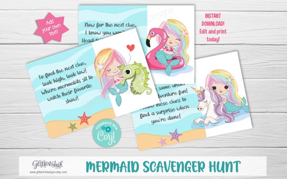 Mermaid scavenger hunt cards / Mermaid treasure hunt clues / Rainbow mermaid unicorn flamingo / Mermaid birthday scavenger hunt for kids Il_570xn