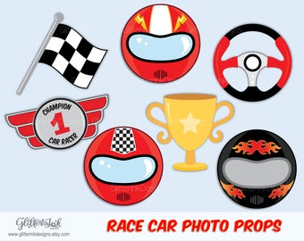 May include: A set of red, black, and yellow race car photo booth props. The props include a checkered flag, a steering wheel, a trophy, and three different race car helmets.