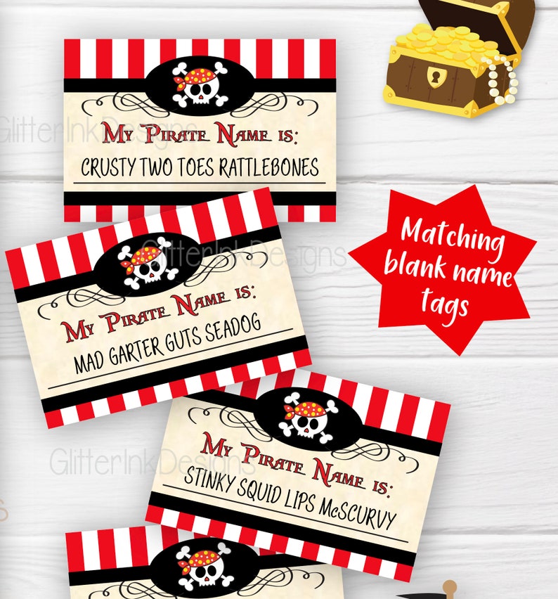 What's your Pirate name party game / Printable Pirate party sign with name tags and name cards / Pirate birthday games digital download imagem 3