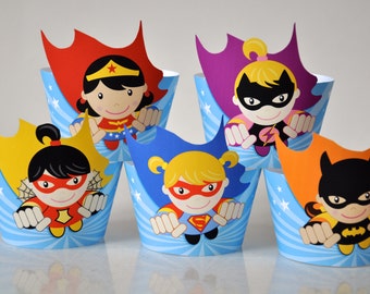 Super Hero party printable cupcake wrappers and flash cupcake toppers / Superheroes party favors / Flying superhero girls decor digital file