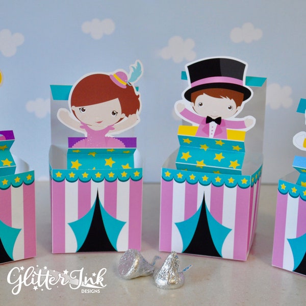 Circus carnival kids pop up favor box Jack in the Box PDF printable PINK circus big top tent toy party favor ringmaster, clown, dancer, seal