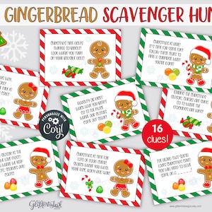 Cartões de dicas para caça ao tesouro de biscoitos de gengibre, dicas para caça ao tesouro de Natal para crianças, jogos de festa editáveis de biscoito de gengibre festivo