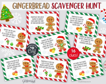 Gingerbread scavenger hunt clue cards, Christmas printable treasure hunt clues for kids, Festive Ginger cookie man  editable party games