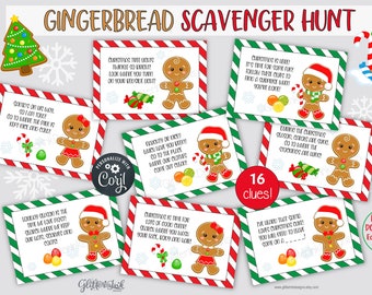 Gingerbread Christmas scavenger hunt clue cards / Christmas treasure hunt clues / Gingerbread man scavenger hunt for kids / Christmas games