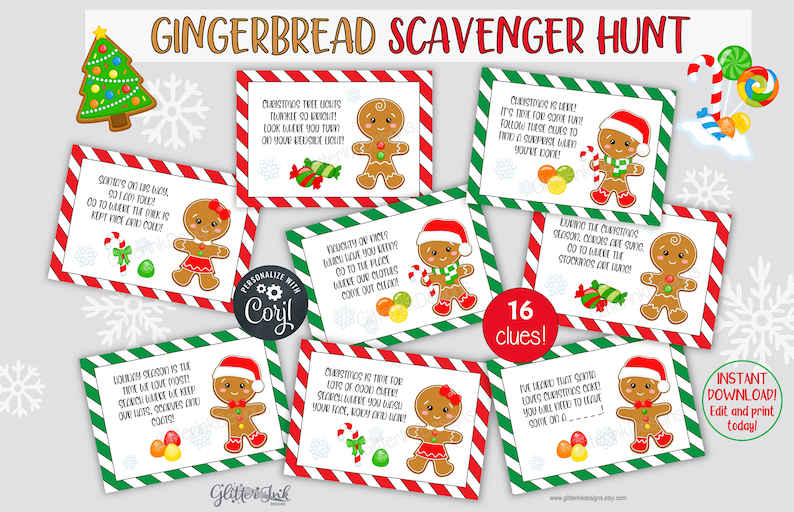 K&ouml;nnte beinhalten: Ein Satz von 16 druckbaren Lebkuchen-Schnitzeljagd-Karten mit roten und gr&uuml;nen Streifen. Jede Karte zeigt eine Lebkuchenfigur mit einem anderen weihnachtlichen Hinweis. Die Karten sind perfekt f&uuml;r eine lustige Weihnachtsaktivit&auml;t.