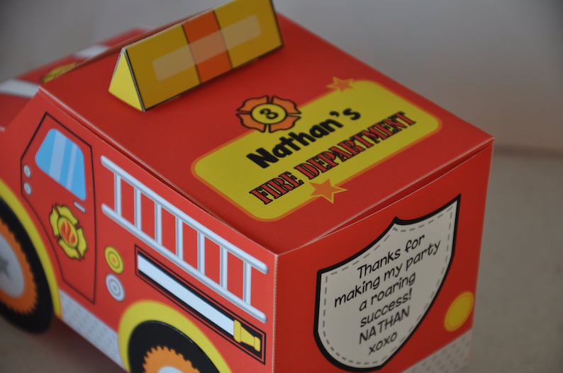 Firefighter party printable favor box Fire engine birthday party favors Fire truck papercraft centerpiece treat box digital
