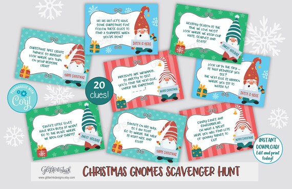 Christmas scavenger hunt clue cards / Christmas treasure hunt clues / Christmas gnomes / Santa gnomes indoors scavenger hunt for kids Il_570xn